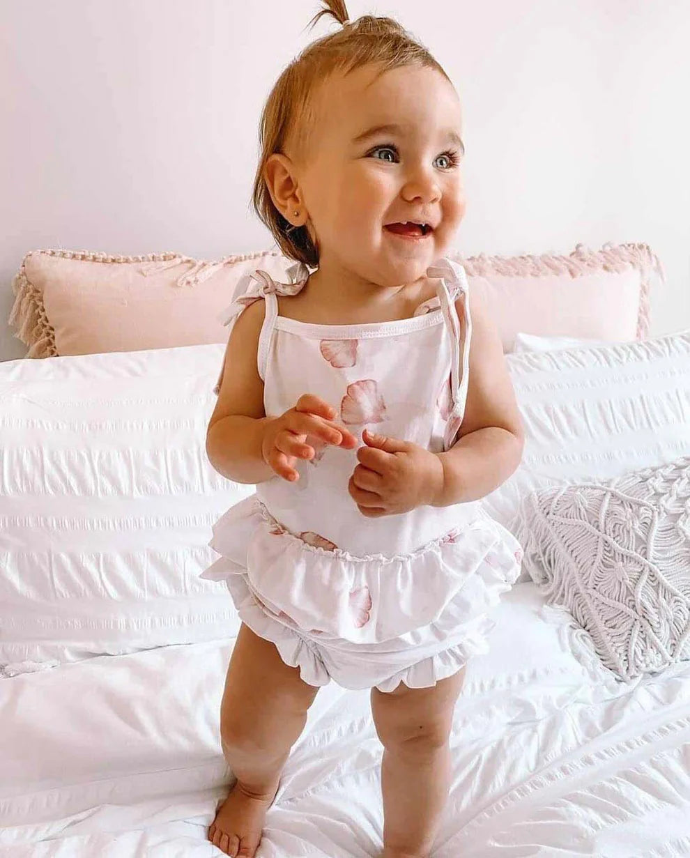 Baby Girls Aerin Petal Cotton Jersey Tie Shoulder Ruffle Romper (Limited Edition Print)