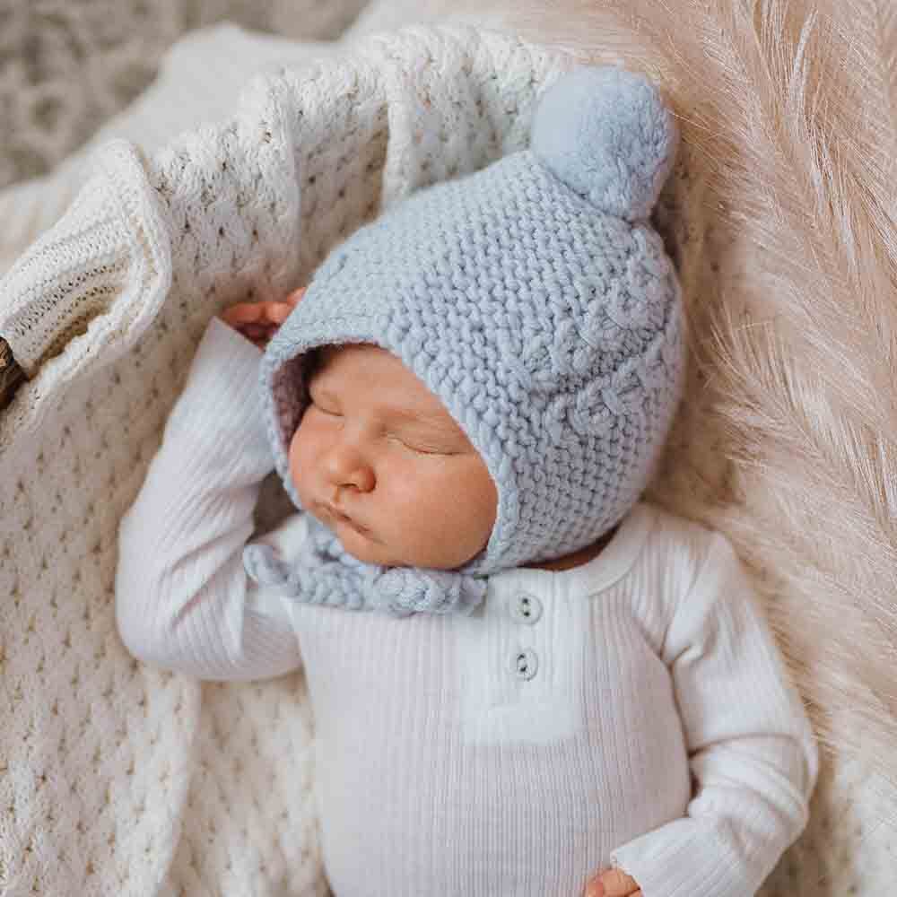 Snuggle Hunny, Blue Merino Wool Bonnet & Booties
