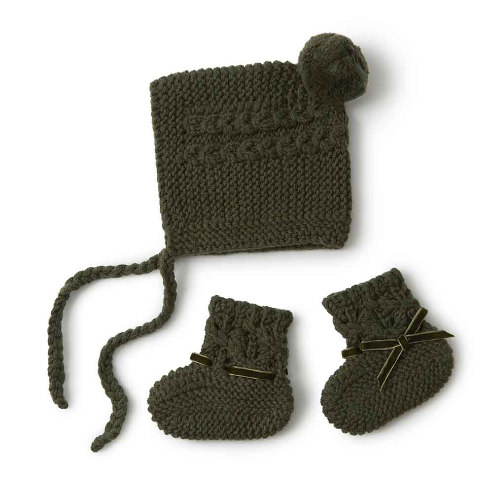 Snuggle Hunny, Olive Merino Wool Bonnet & Booties