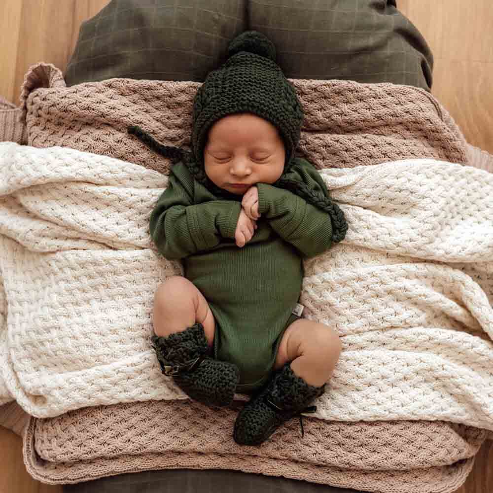 Snuggle Hunny, Olive Merino Wool Bonnet & Booties