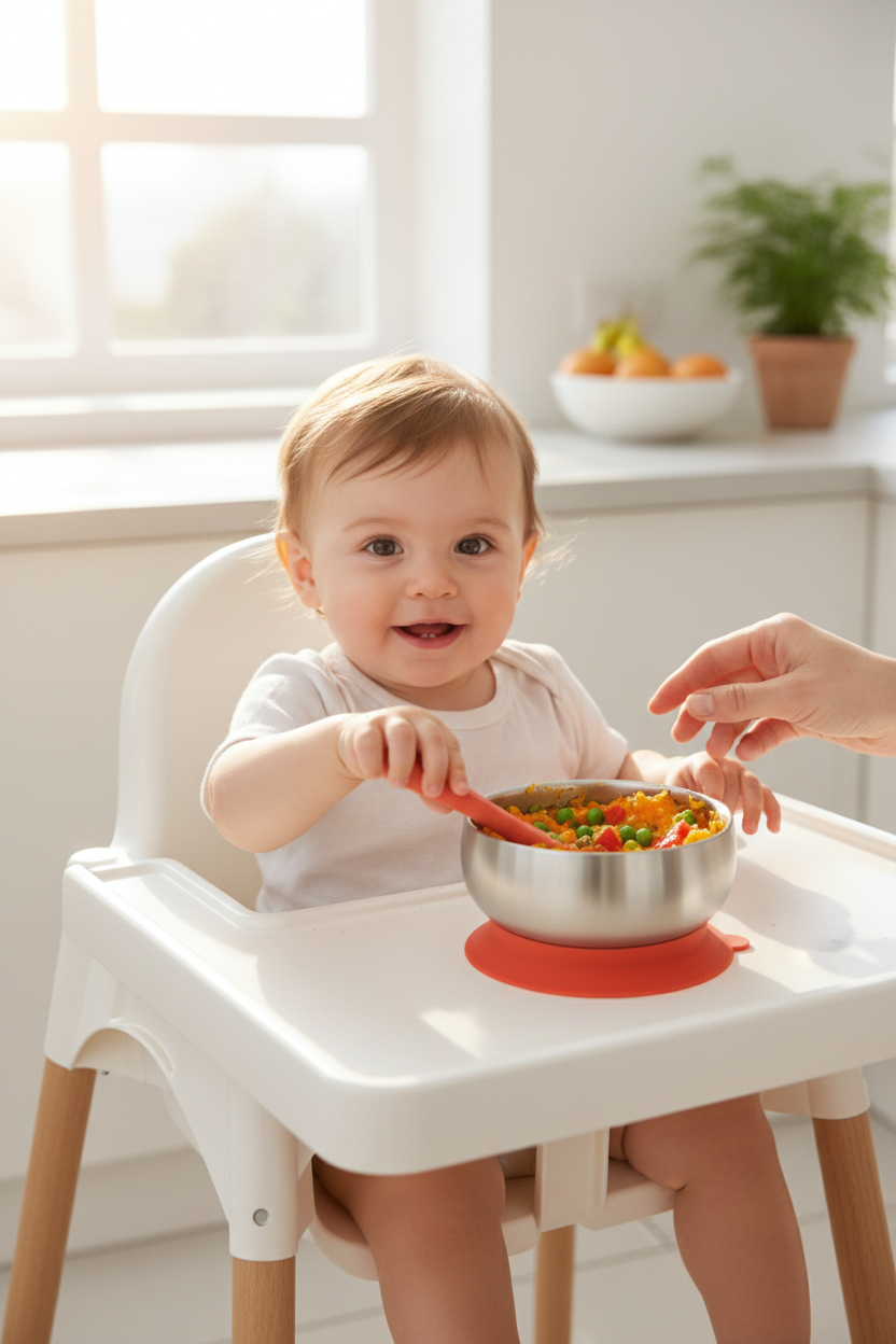 Lion & Lady 18/8 Stainless Steel Feeding Bowl with silicone suction base, airtight lid and spoon