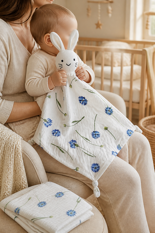 A toddler cuddling a Giggle Bubs organic cotton comforter with a bunny design, sitting with a caregiver.