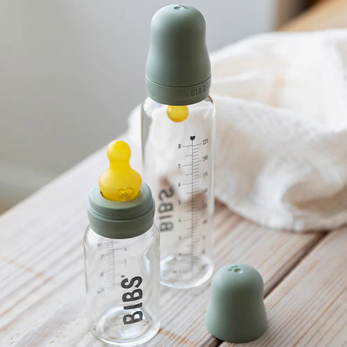 BIBS Glass Baby Bottle Complete Set 240ml Latex - Sage