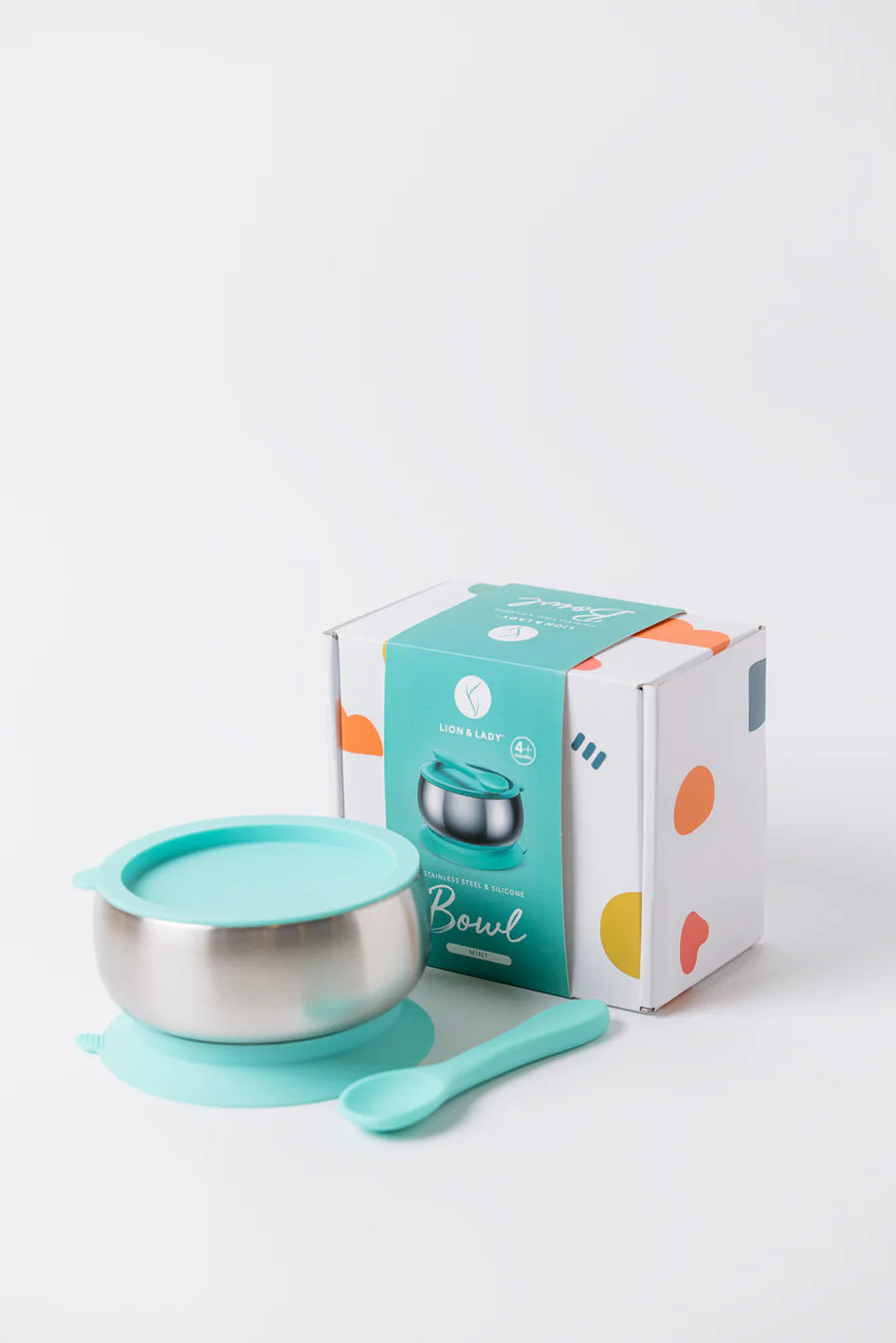 Lion & Lady 18/8 Stainless Steel Feeding Bowl with silicone suction base, airtight lid and spoon