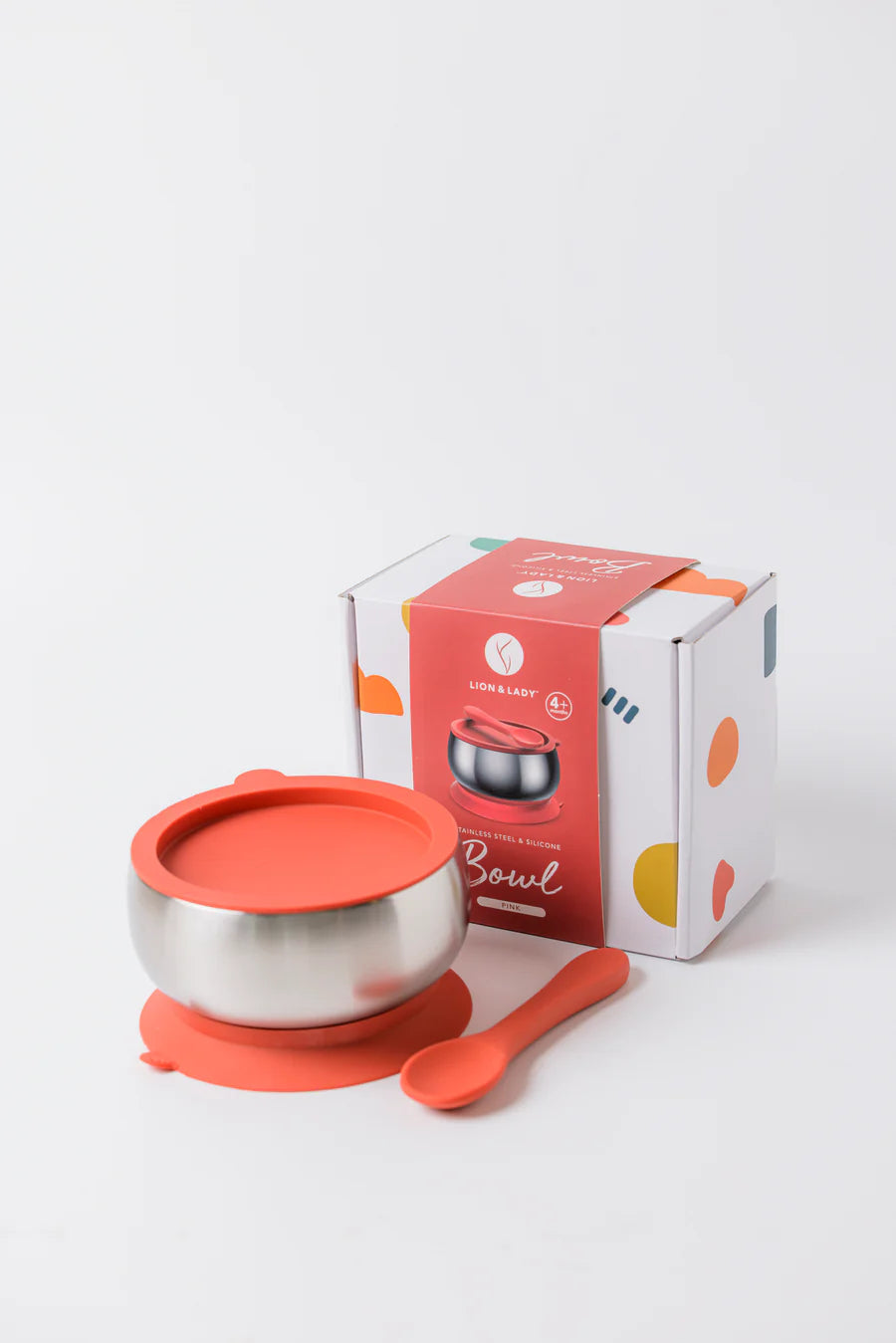 Lion & Lady 18/8 Stainless Steel Feeding Bowl with silicone suction base, airtight lid and spoon