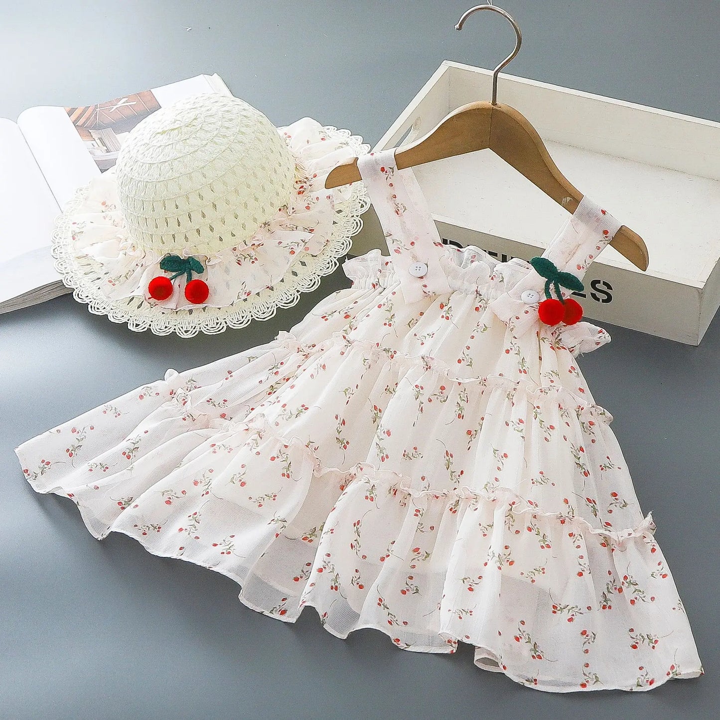 GiggleBubs Baby Girl Summer Full Printed Floral Cherry Halter Dress Set With Maching Summer Hat(Tight Inventory)