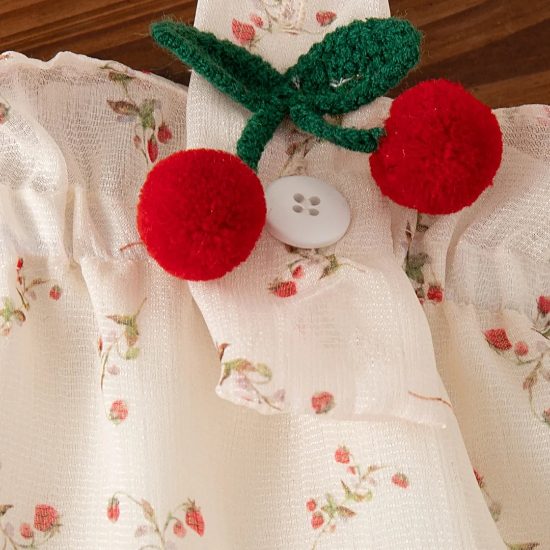 GiggleBubs Baby Girl Summer Full Printed Floral Cherry Halter Dress Set With Maching Summer Hat(Tight Inventory)