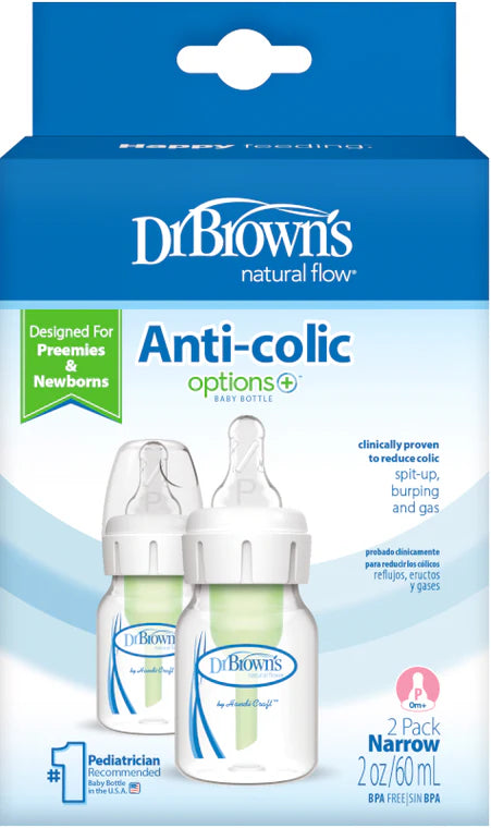 DR BROWN'S OPTIONS+ ANTI COLIC NARROW NECK BOTTLE WITH PREEMIE TEAT, 60ML,2PACK
