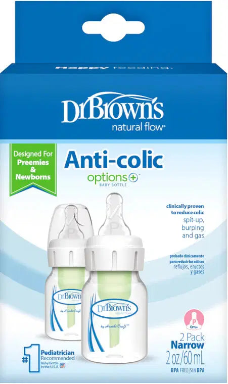 DR BROWN'S OPTIONS+ ANTI COLIC NARROW NECK BOTTLE WITH PREEMIE TEAT, 60ML,2PACK
