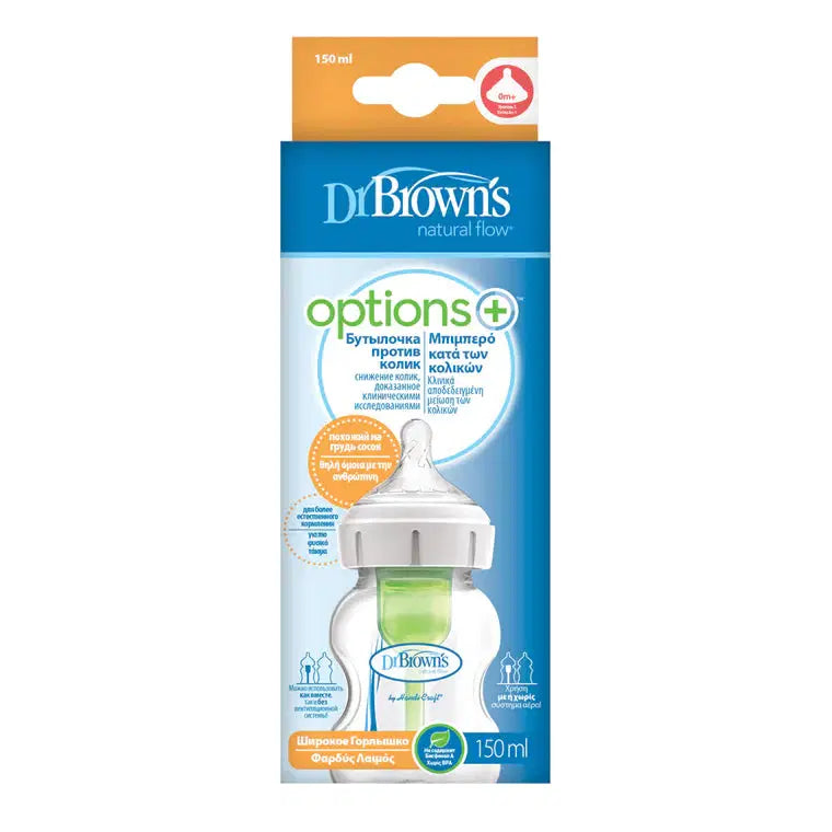 DR BROWN'S OPTIONS+ ANTI COLIC WIDE NECK BOTTLE WITH LEVEL 1 TEAT, 150ML