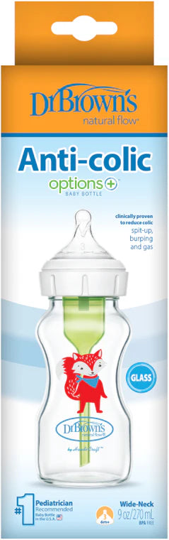 DR BROWN , 9 OZ/270 ML GLASS WIDE NECKOPTIONS+ BABY BOTTLE W/ L3 TEAT FOX, 1-PACK