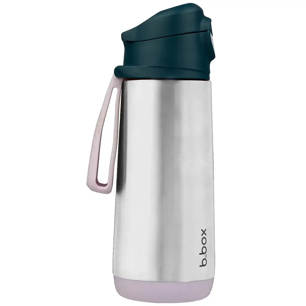 b.box 500ml insulated drink bottle with navy and pink
sport spout lid and stainless steel body