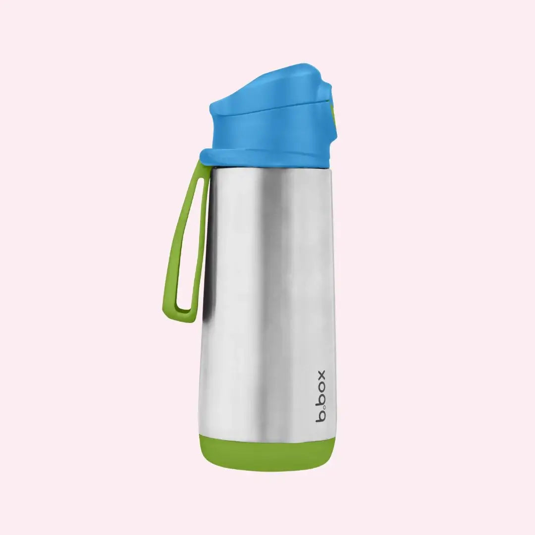 b.box 500ml insulated drink bottle with light blue and green sport spout lid and stainless steel body