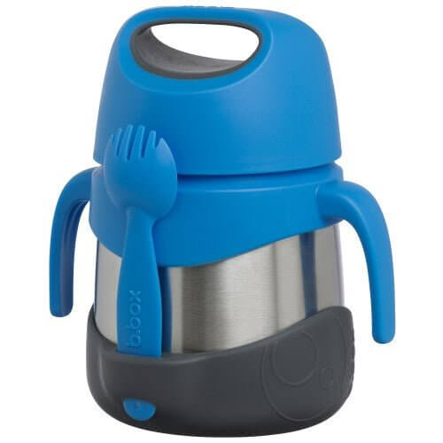 b.box insulated food jar with spork, stainless steel body and blue silicone lid and base