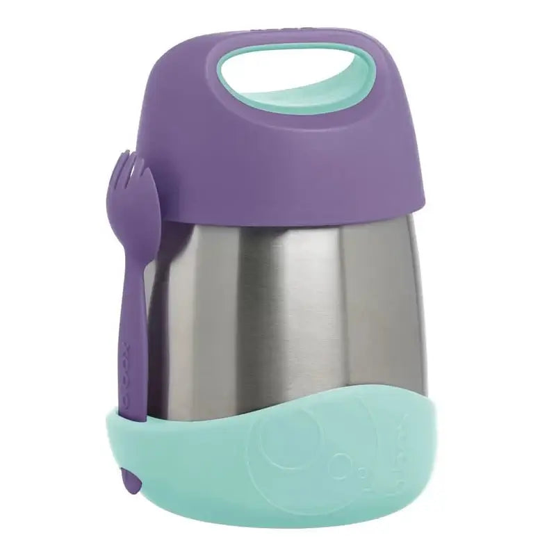 b.box insulated food jar with spork, stainless steel body and purple and aqua silicone lid and base