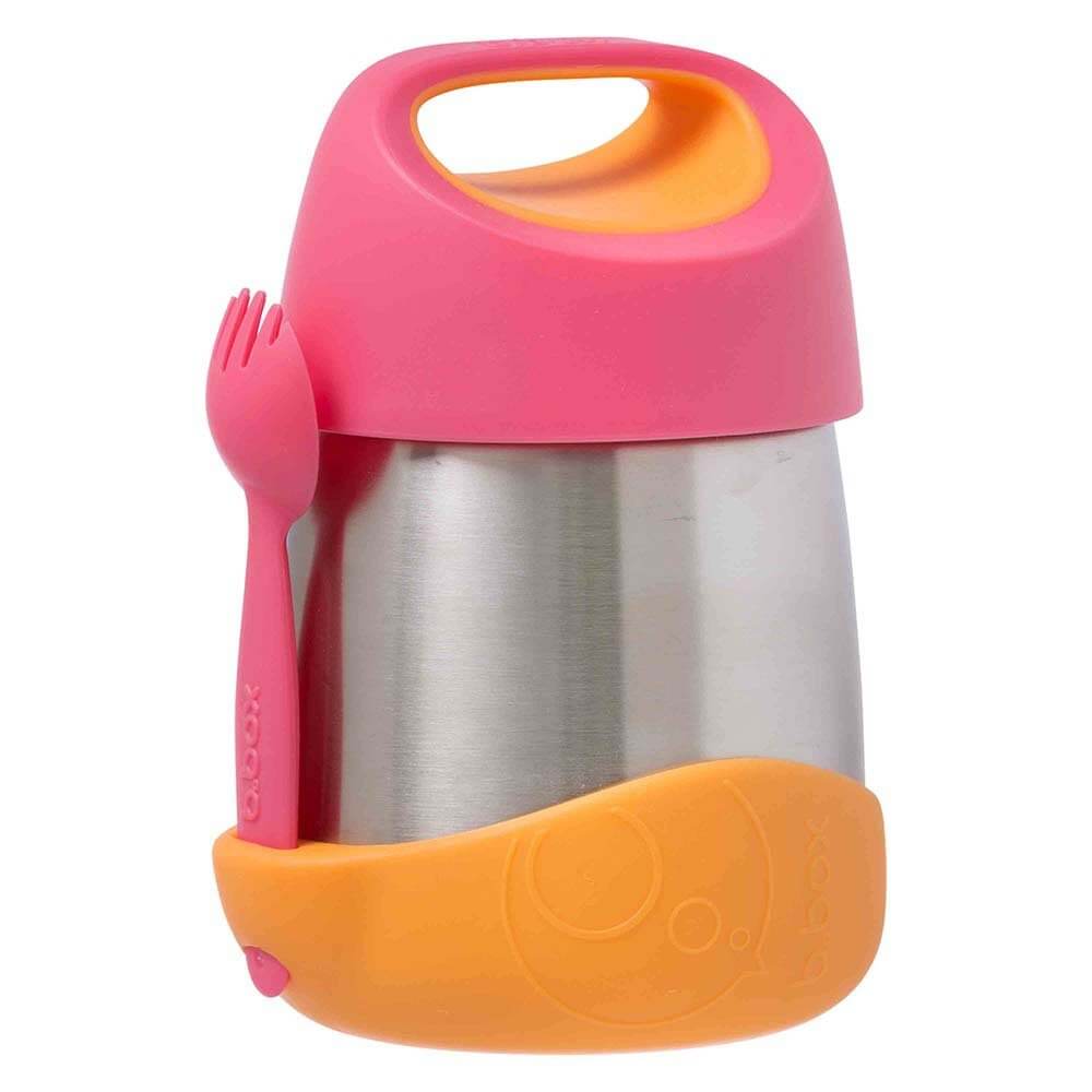 b.box insulated food jar with spork, stainless steel body and pink silicone lid and base