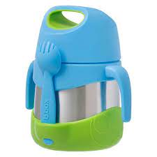 b.box insulated food jar with spork, stainless steel body and light blue and green silicone lid and base