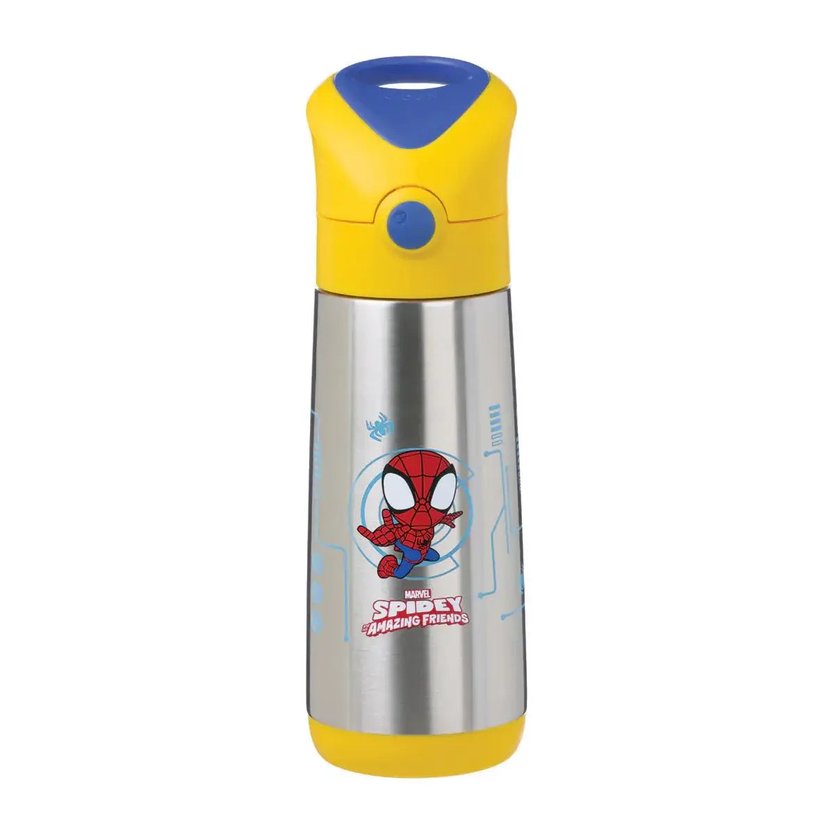 b.box insulated drink bottle with Spidey & Friends design, yellow lid and stainless steel body