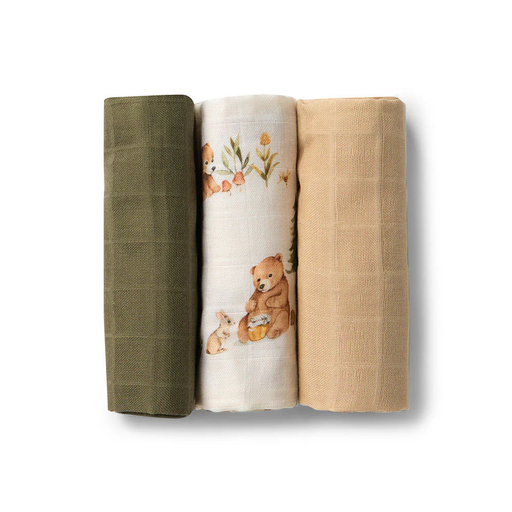 Snuggle Hunny Small Organic Muslin Cloths 3 Pack - Bears/Olive/Pebble