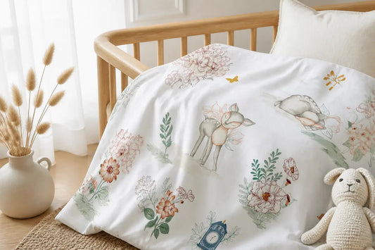 Bubs Universe organic cotton muslin wrap featuring a whimsical fawn and floral print draped over a wooden baby cot.