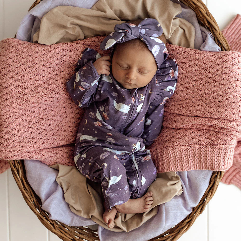 Snuggle Hunny, Midnight Swan Organic Snugglesuit Convertible Romper with Frill