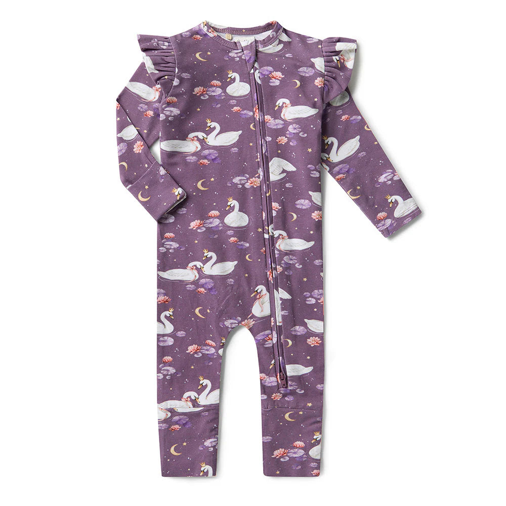 Snuggle Hunny, Midnight Swan Organic Snugglesuit Convertible Romper with Frill
