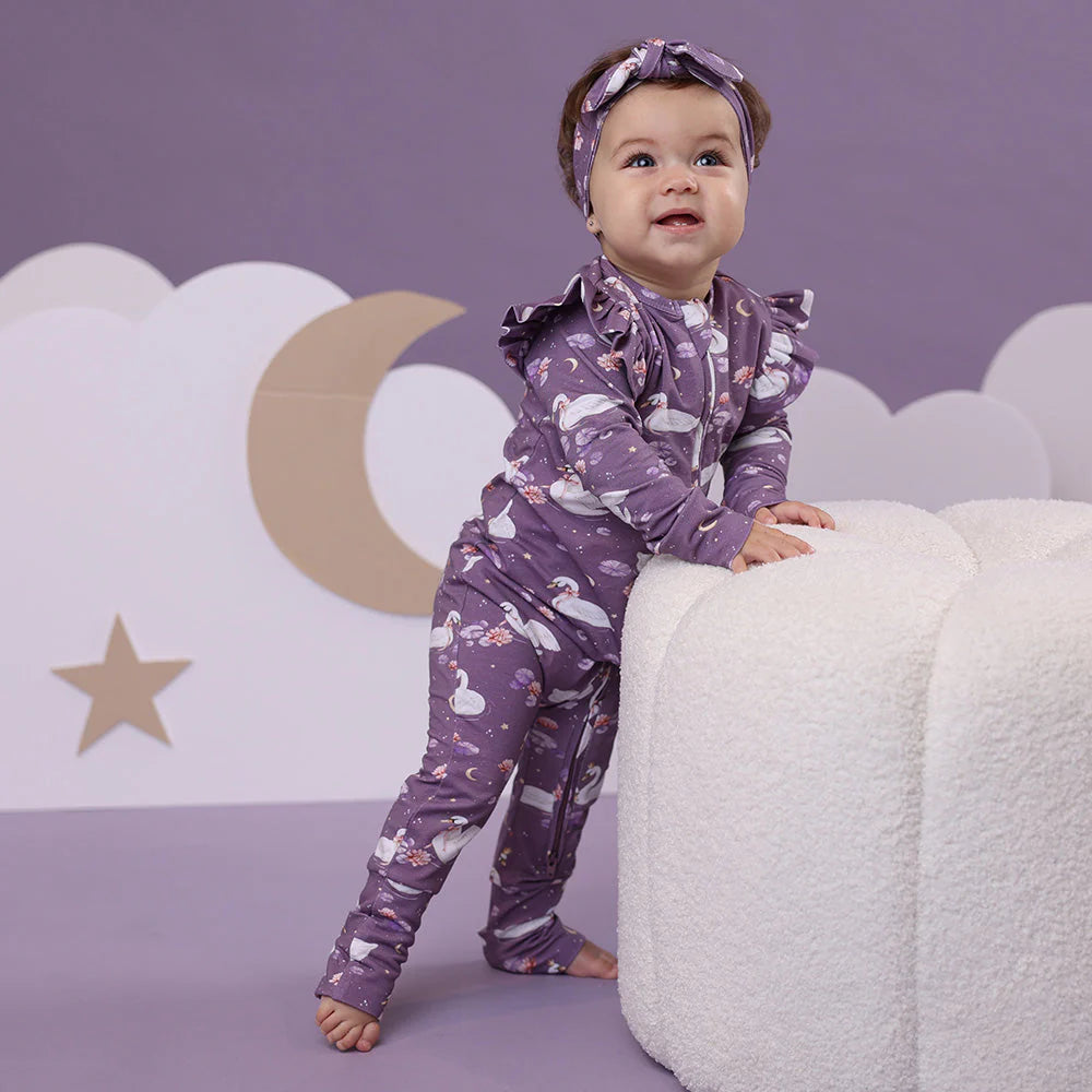 Snuggle Hunny, Midnight Swan Organic Snugglesuit Convertible Romper with Frill