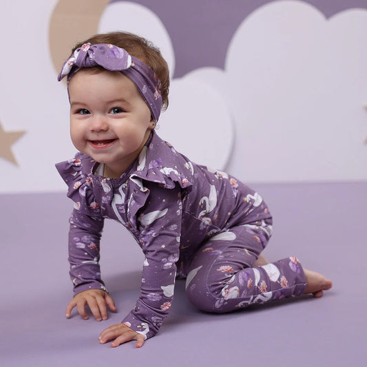 Snuggle Hunny, Midnight Swan Organic Snugglesuit Convertible Romper with Frill