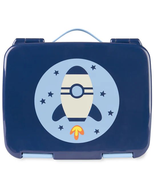Skip Hop kids lunch box with rocket and stars design on navy background