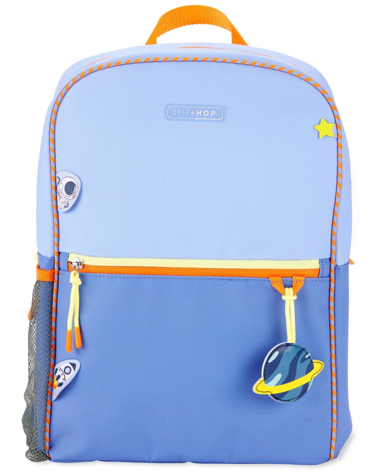 Skip Hop blue kids backpack with space patches, mesh side pocket, and yellow zipper accents