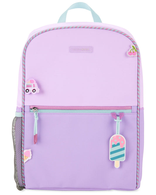 Skip Hop purpel kids backpack with ice cream patches, mesh side pocket, and cherry zipper accents