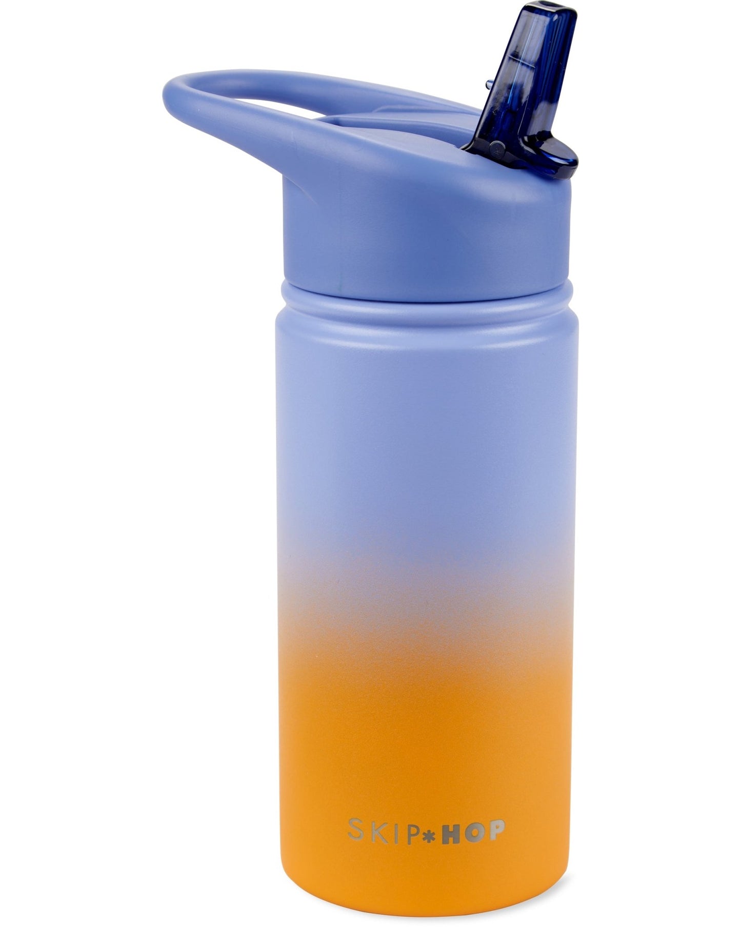 Skip Hop stainless steel kids drink bottle in pastel purple and orange with flip straw lid