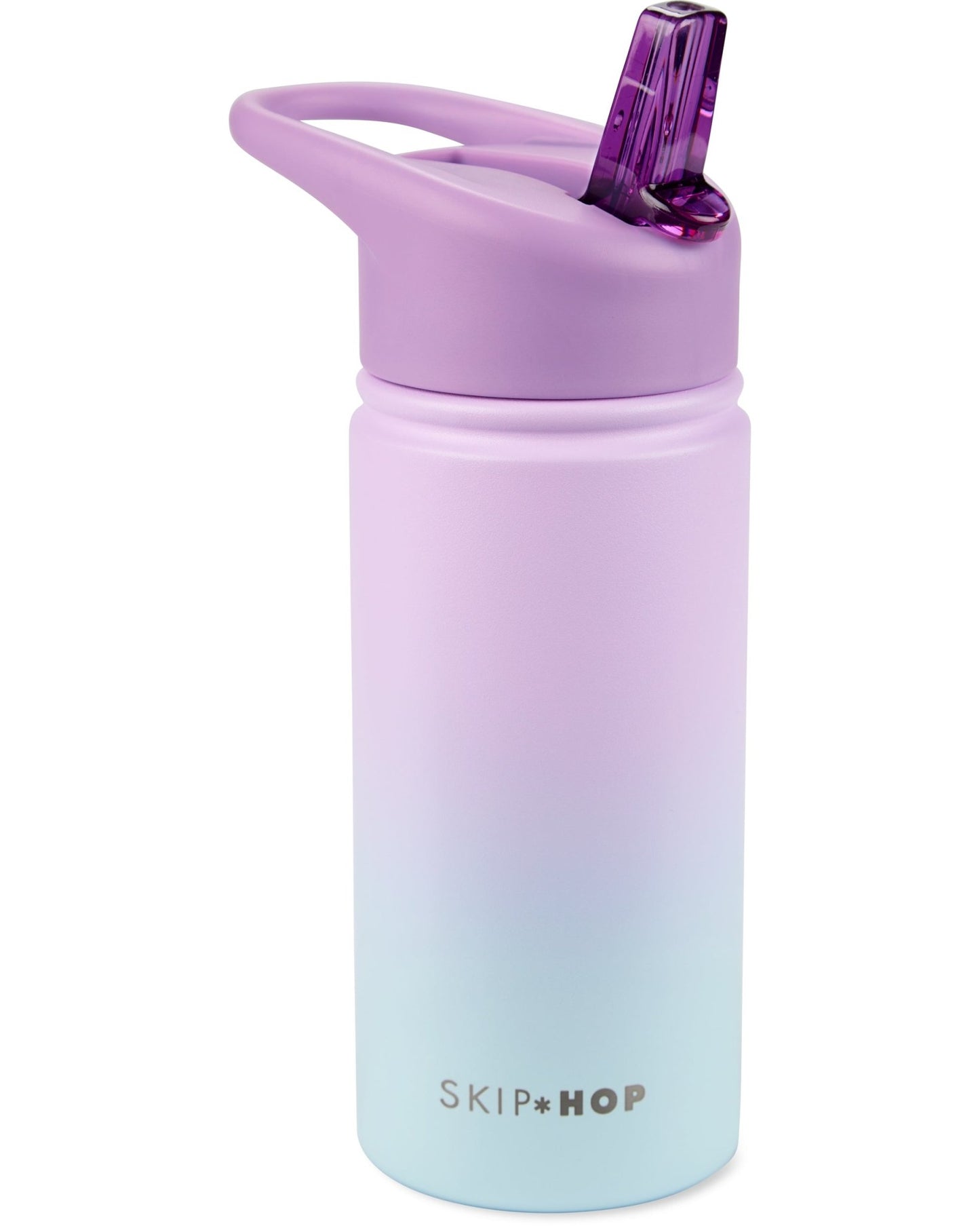 Skip Hop stainless steel kids drink bottle in pastel purple and blue with flip straw lid