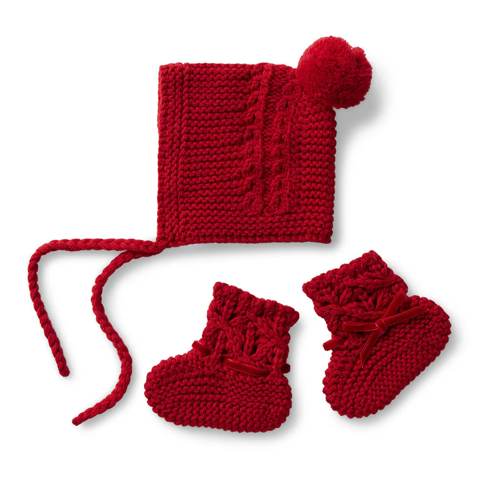 Snuggle Hunny, Red Merino Wool Bonnet & Booties