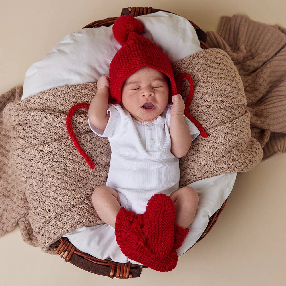 Snuggle Hunny, Red Merino Wool Bonnet & Booties