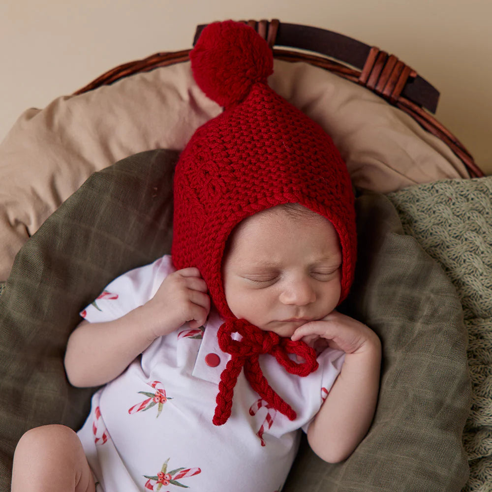 Snuggle Hunny, Red Merino Wool Bonnet & Booties