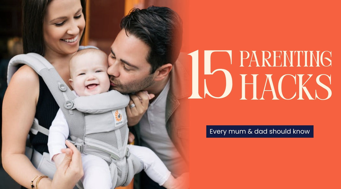 Image illustrating 15 parenting hacks for mums and dads, featuring a smiling family with a baby in a carrier.
