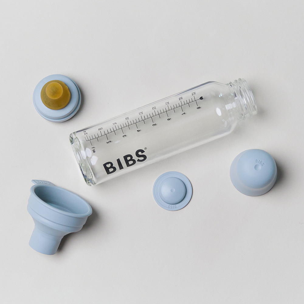 BIBS Glass Baby Bottle Complete Set 240ml Latex - Baby Blue