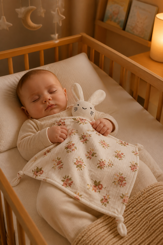 Baby sleeping peacefully with Giggle Bubs organic cotton comforter for babies and a soft bunny toy.