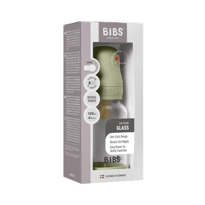 BIBS Glass Baby Bottle Complete Set 120ml Latex - Sage