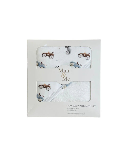 Mini & Me HOODED TOWEL & WASH CLOTH SET CARS