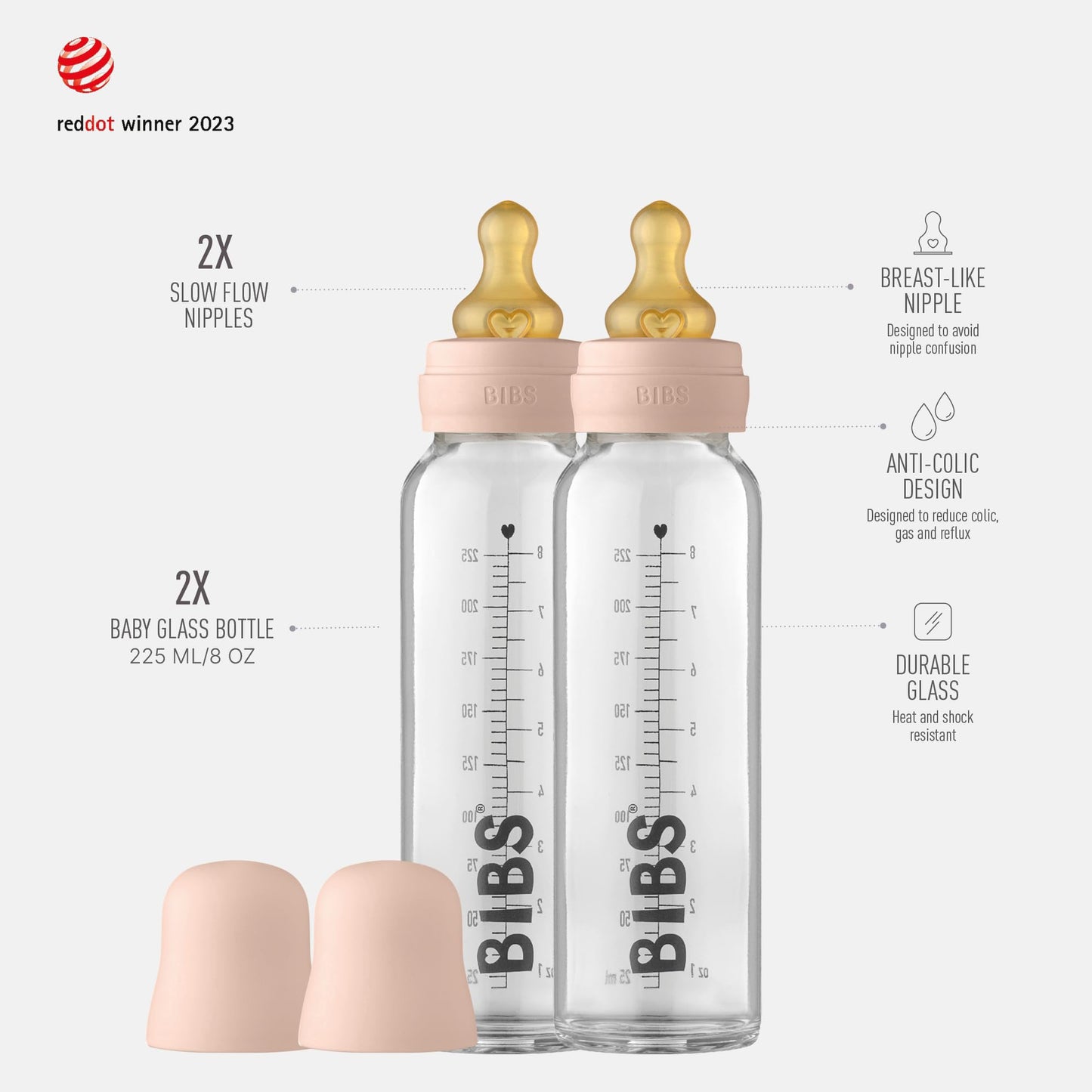 BIBS Glass Baby Bottle Complete Set 240ml Latex - Blush