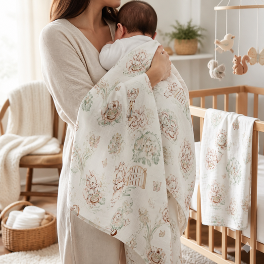A mother holds a baby wrapped in an organic baby muslin wrap in a cozy nursery.