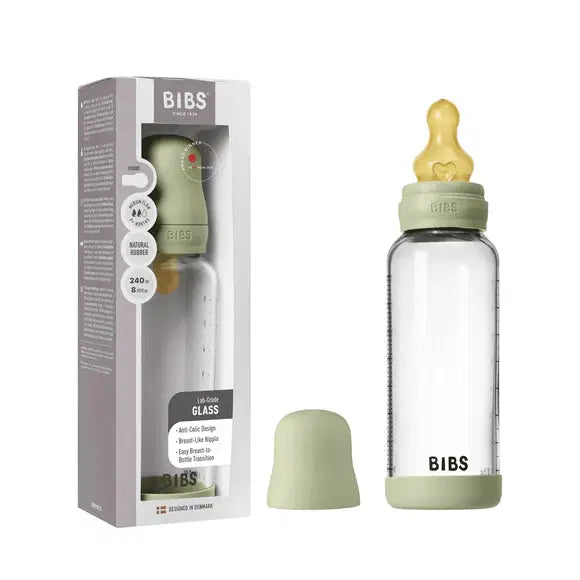 BIBS Glass Baby Bottle Complete Set 240ml Latex Sage