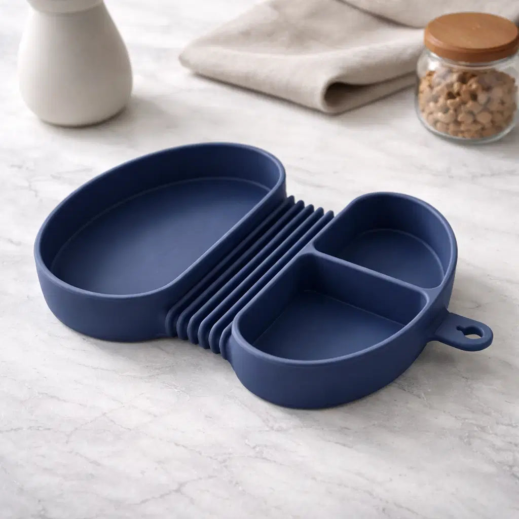 Giggle Bubs foldable silicone kids meal box with multiple compartments for mess-free meals.