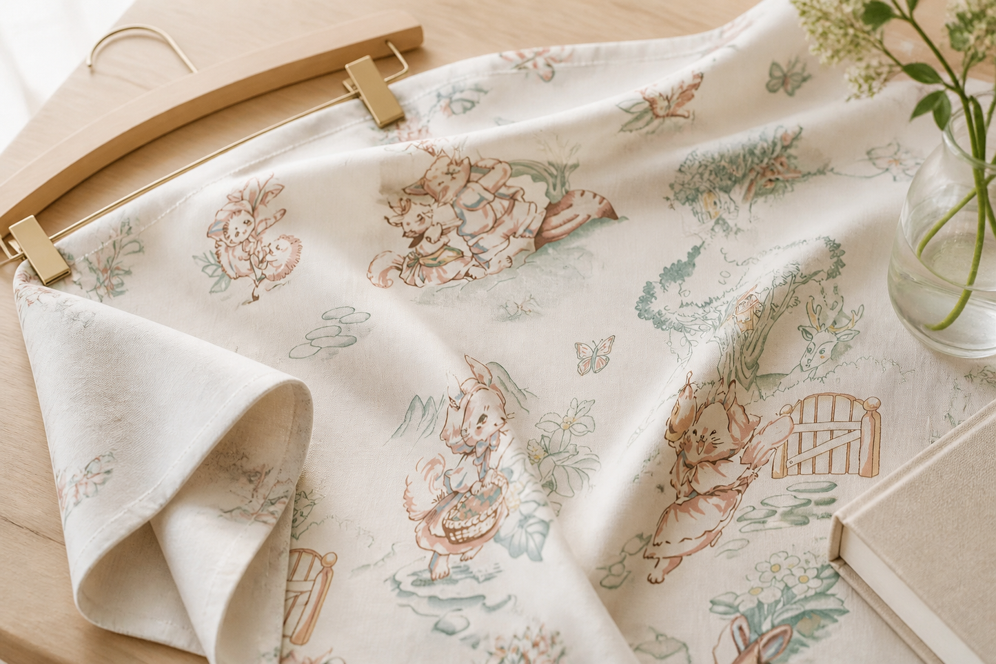 Organic baby muslin wrap featuring whimsical garden illustrations and soft, breathable material.