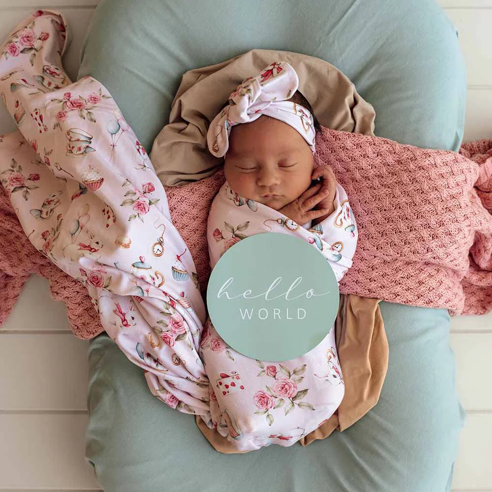 Snuggle Hunny Alice’s Tea Party Organic Jersey Wrap & Topknot Set