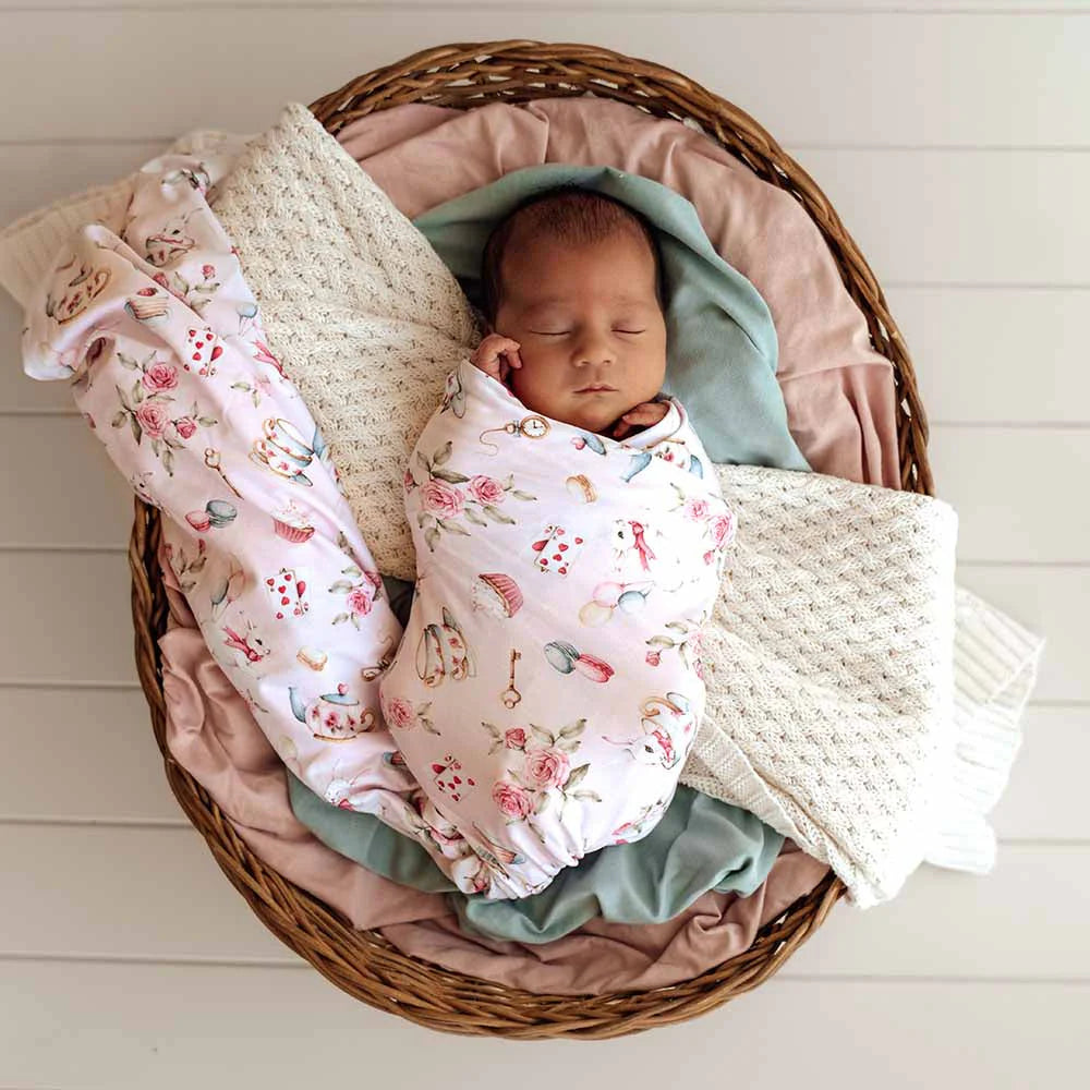 Snuggle Hunny Alice’s Tea Party Organic Jersey Wrap & Topknot Set