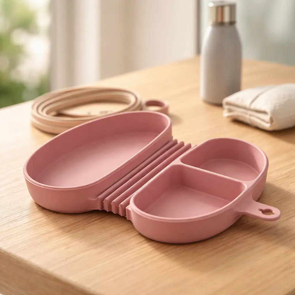 Foldable silicone kids meal box displayed on a wooden table, designed for mess-free meals.