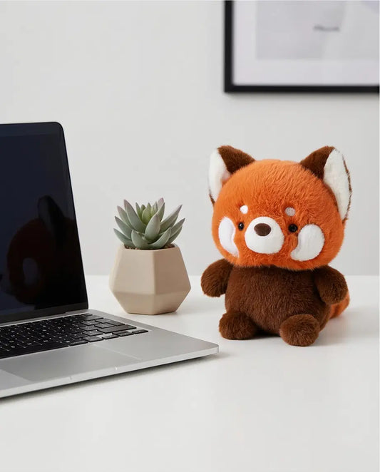 Fluffy comforter for toddlers, plush red panda toy next to laptop and succulent plant.